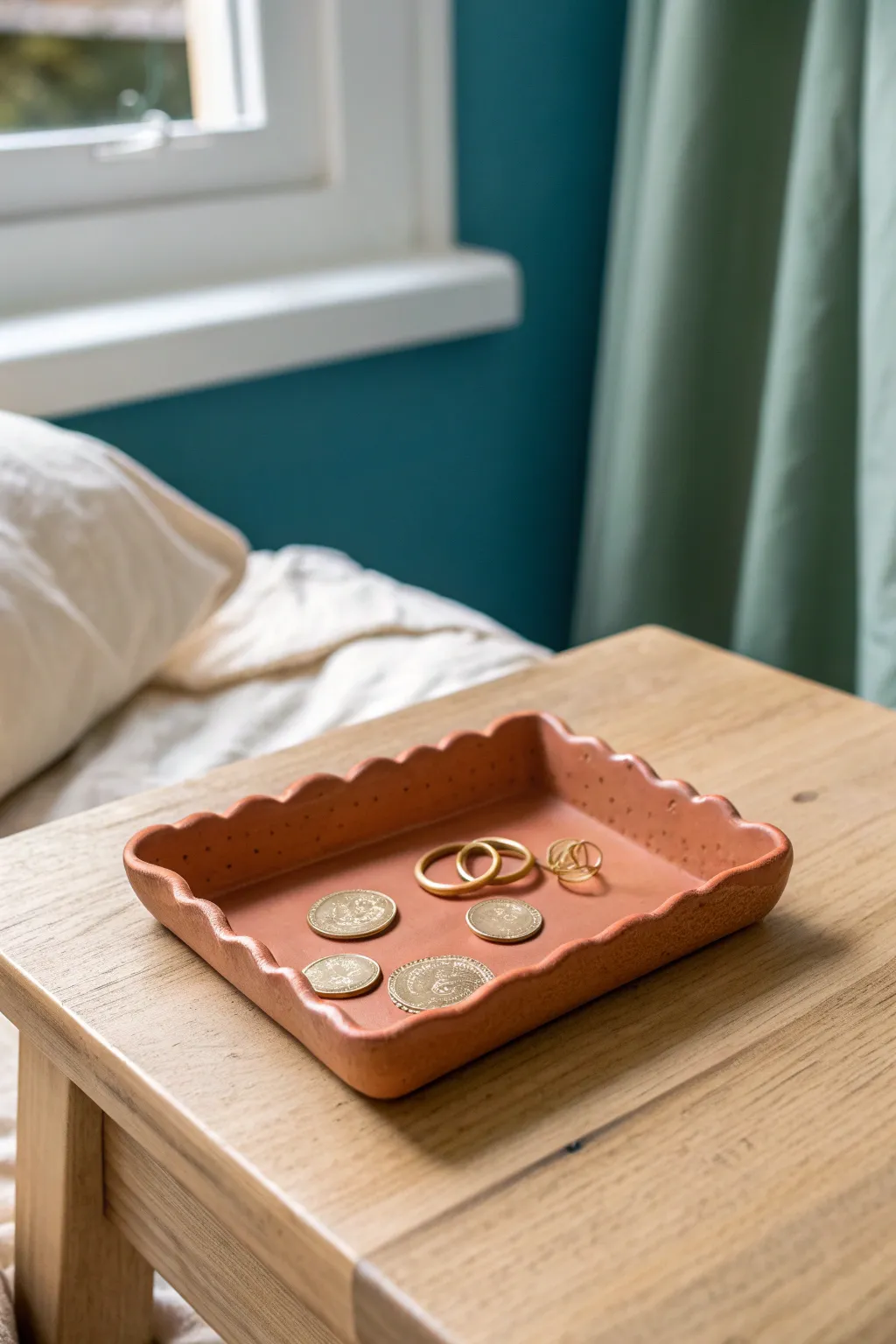 Scalloped polymer clay tray for coins and hair ties, a chic bedside catchall in minutes.
