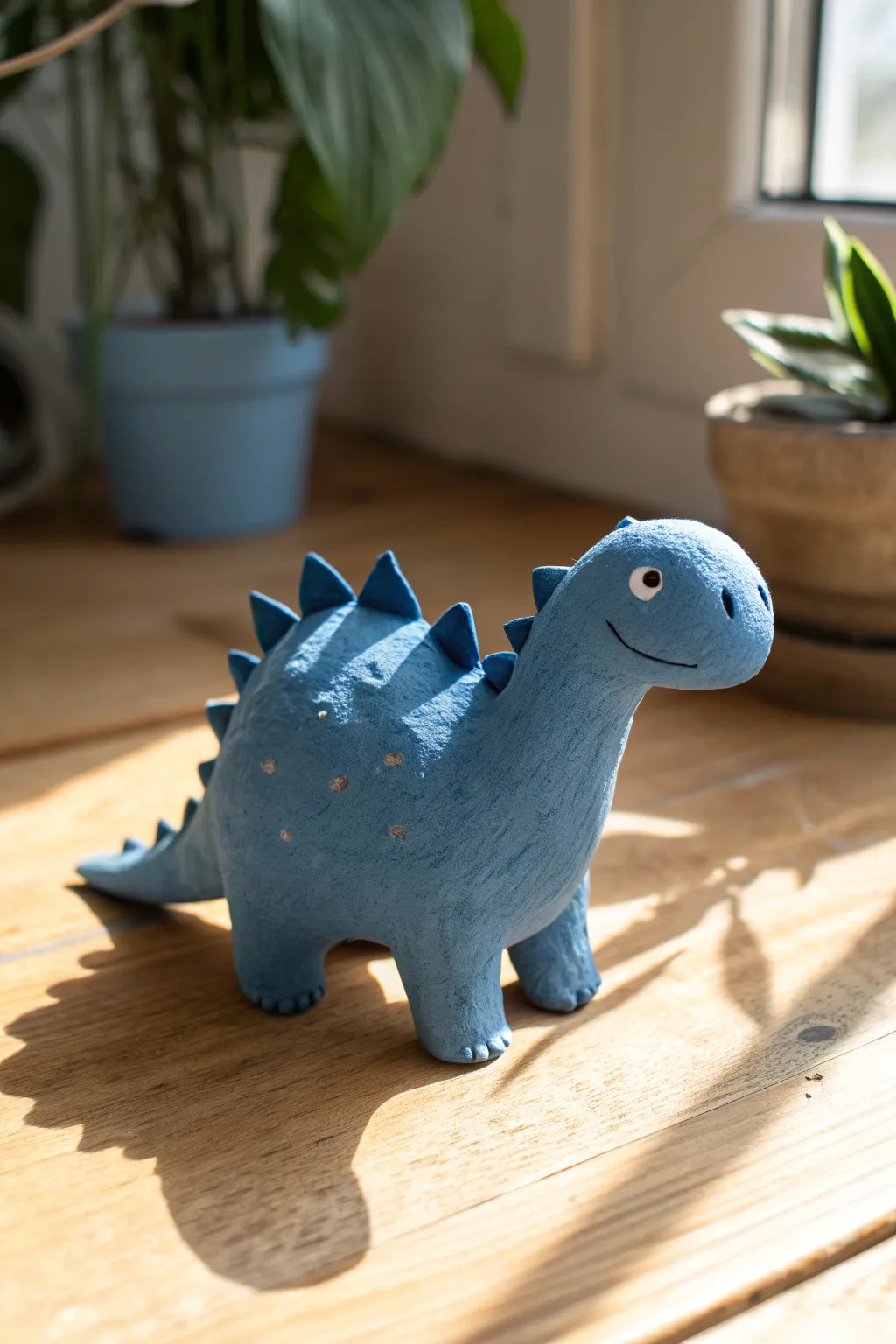 Chunky little clay dino with simple spikes and dot eyes, a beginner friendly cute desk buddy.