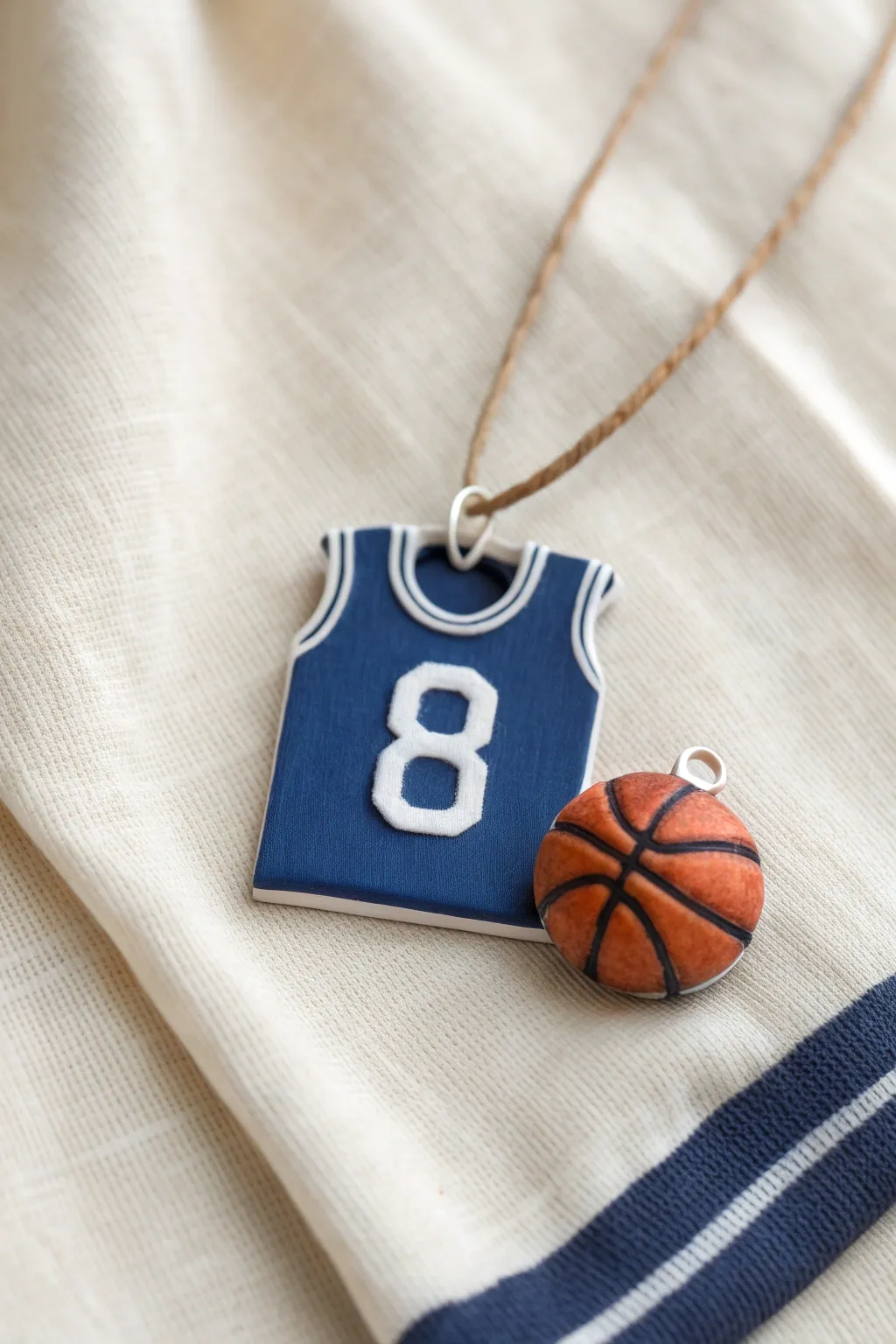 Craft a tiny jersey pendant with a bold number and mini basketball charm for sporty boho vibes.