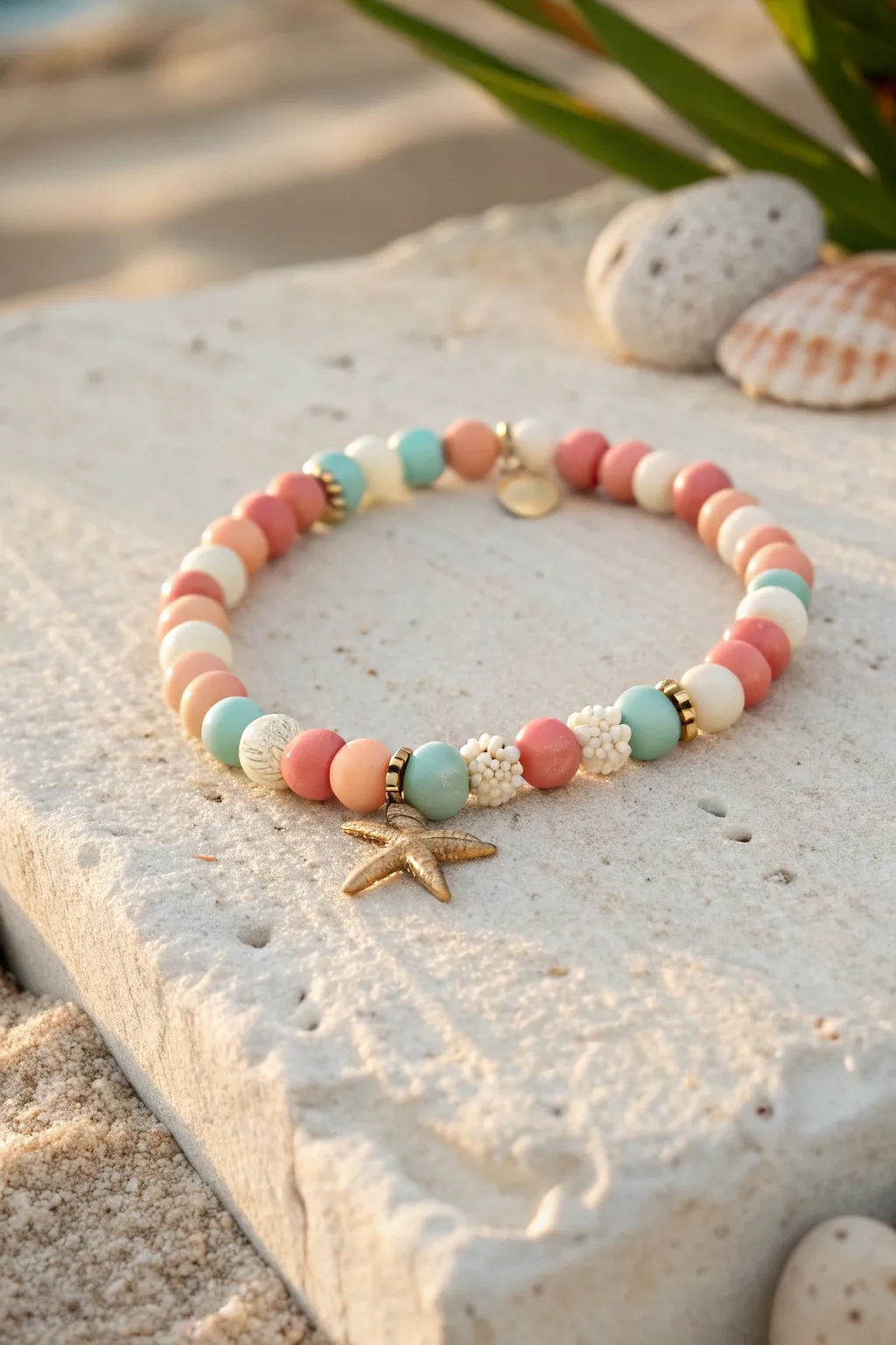 Pastel coral reef clay bead bracelet with a tiny starfish charm, sunlit on pale stone