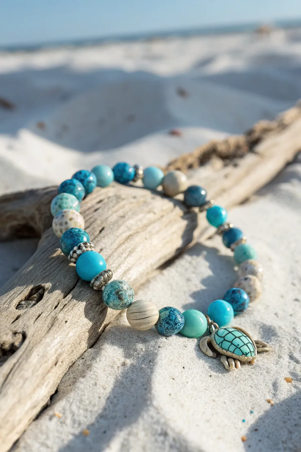Sea turtle pop bead on ocean-blue clay discs, bright sun and clean Scandinavian boho vibes.