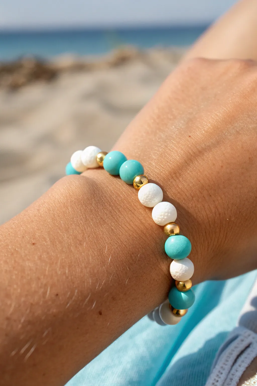 Turquoise and white clay beads with gold spacers for an effortless sun-kissed beach shine.