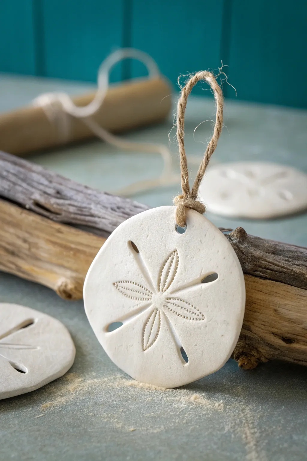 Beachy sand dollar clay ornaments in warm off-white, softly styled on driftwood.