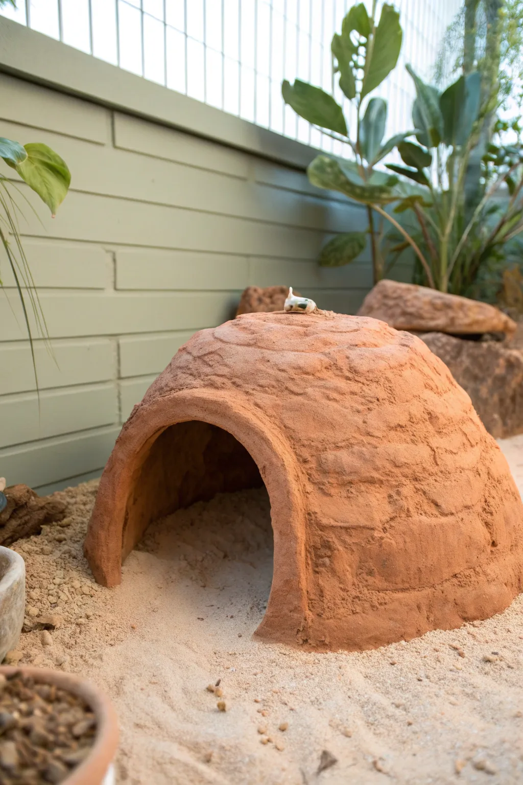 Cool-side wall hide from excavator clay, a shaded cave nook that feels minimalist and cozy.