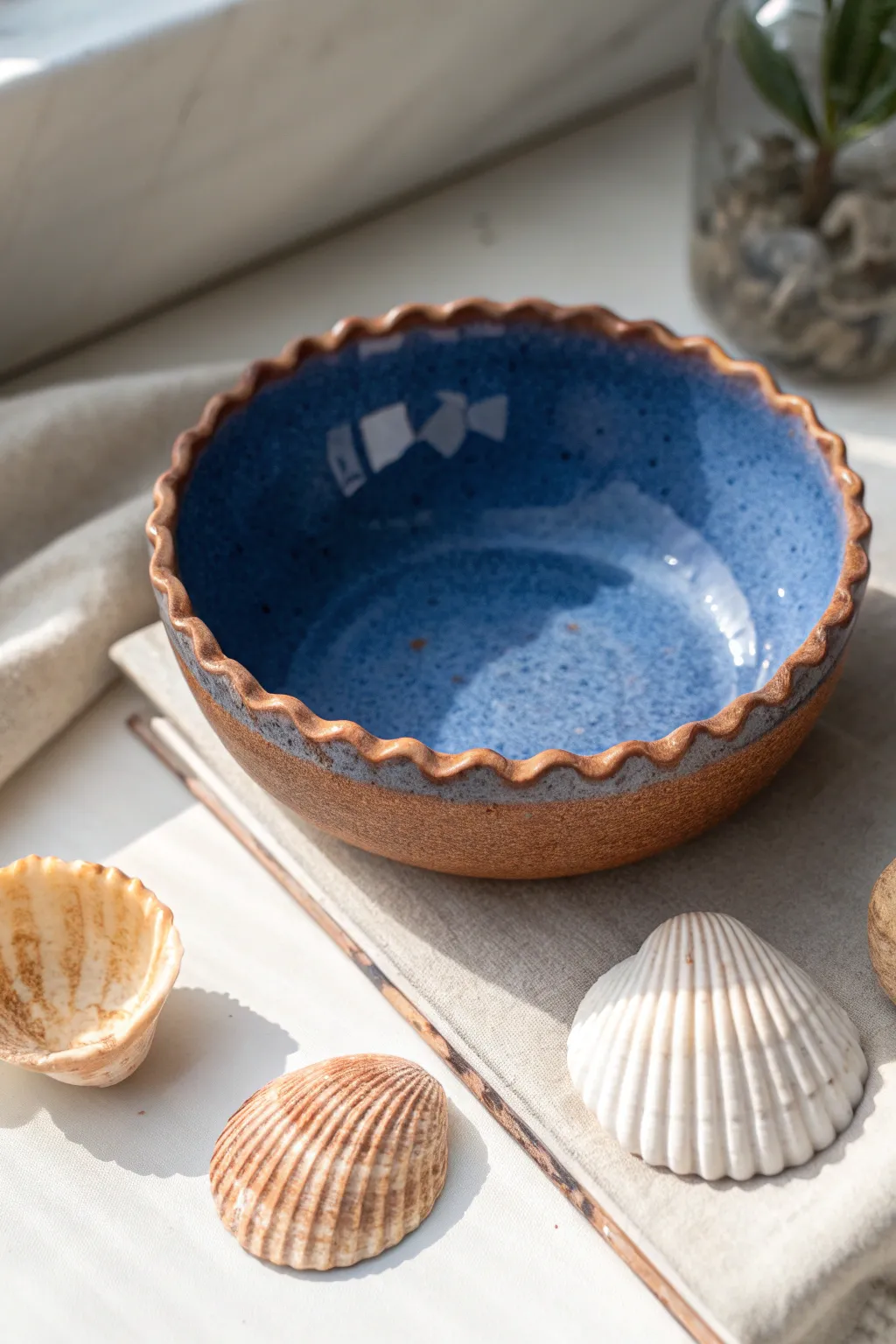Beginner-friendly scalloped rim clay bowl in bold glaze, styled minimal for cozy boho vibes.