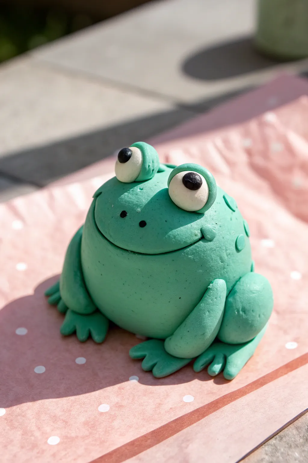 Pancake frog with big eyes in bold teal green, a cute beginner model magic clay idea