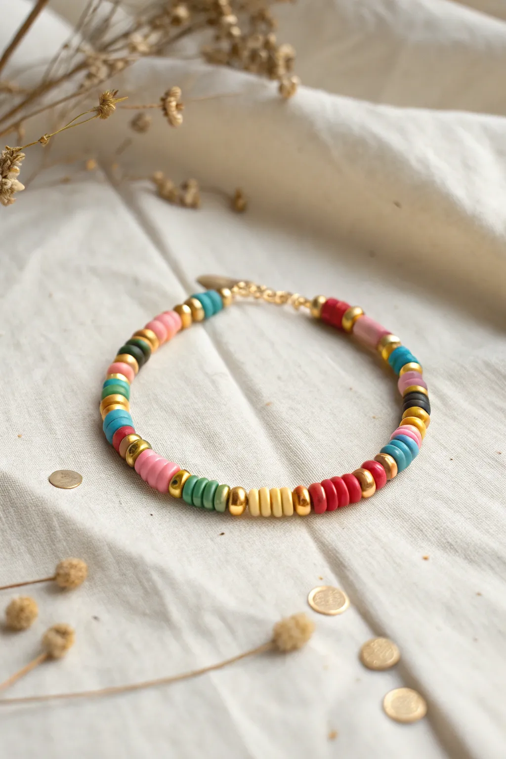 Colorful clay disc bracelet with gold spacers for an instantly polished, modern boho vibe.