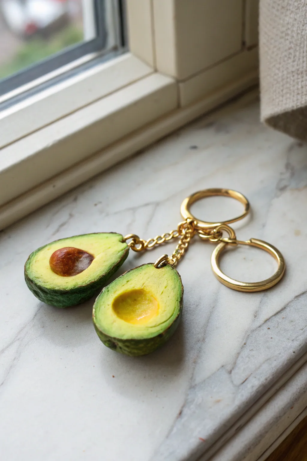 Matching avocado half clay charms on a gold keyring, sweet best-friend gift with bold color.