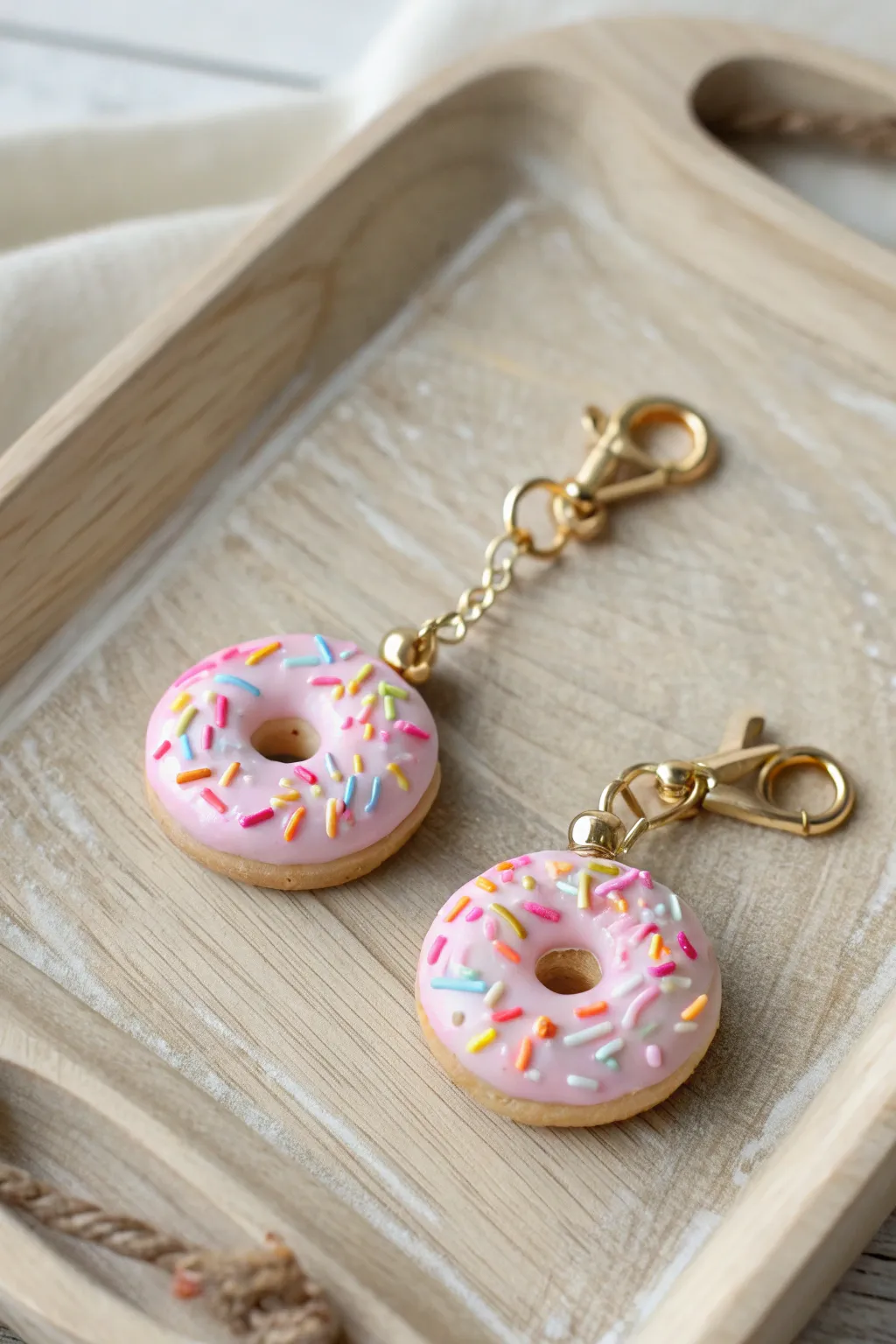 BFF donut and donut hole clay charms with matching sprinkles, pastel glaze, bold teal backdrop.