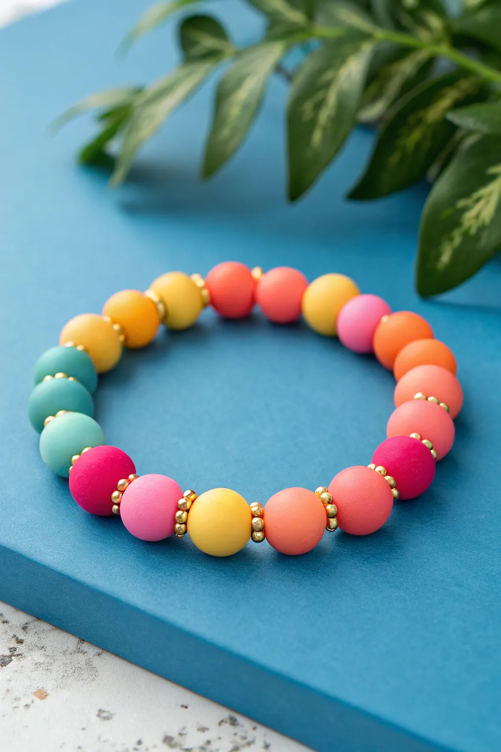 Chunky balloon color blocks and tiny spacers create a bold birthday clay bead bracelet look.