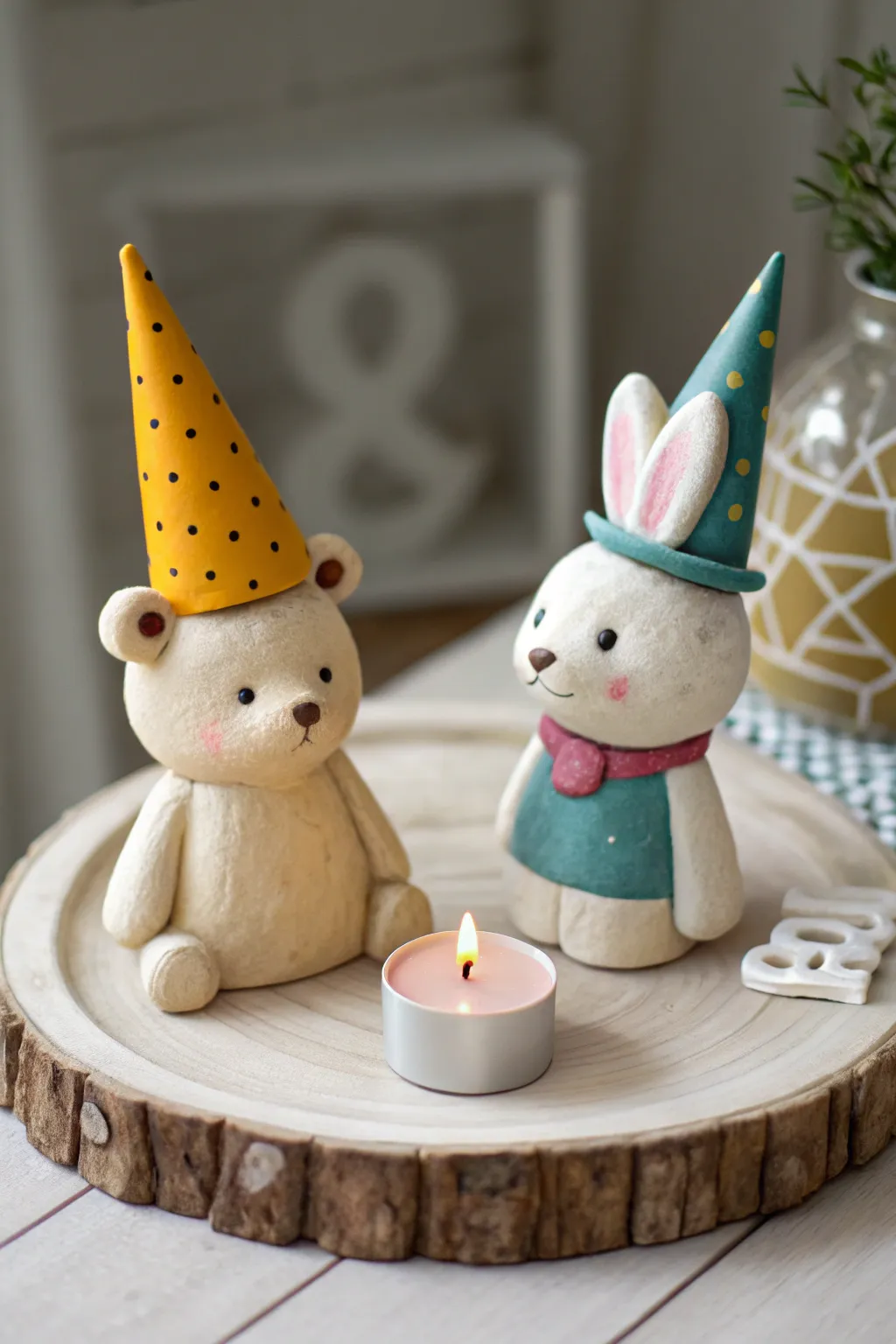 Beginner clay birthday cuties: bear and bunny in party hats with a tiny candle accent.