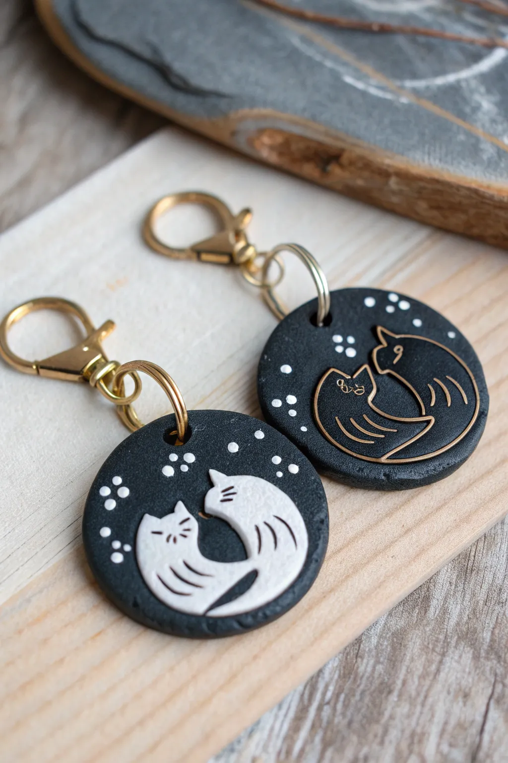 Yin-yang black air dry clay pet charm keychain with crisp white inlay and warm brass detail