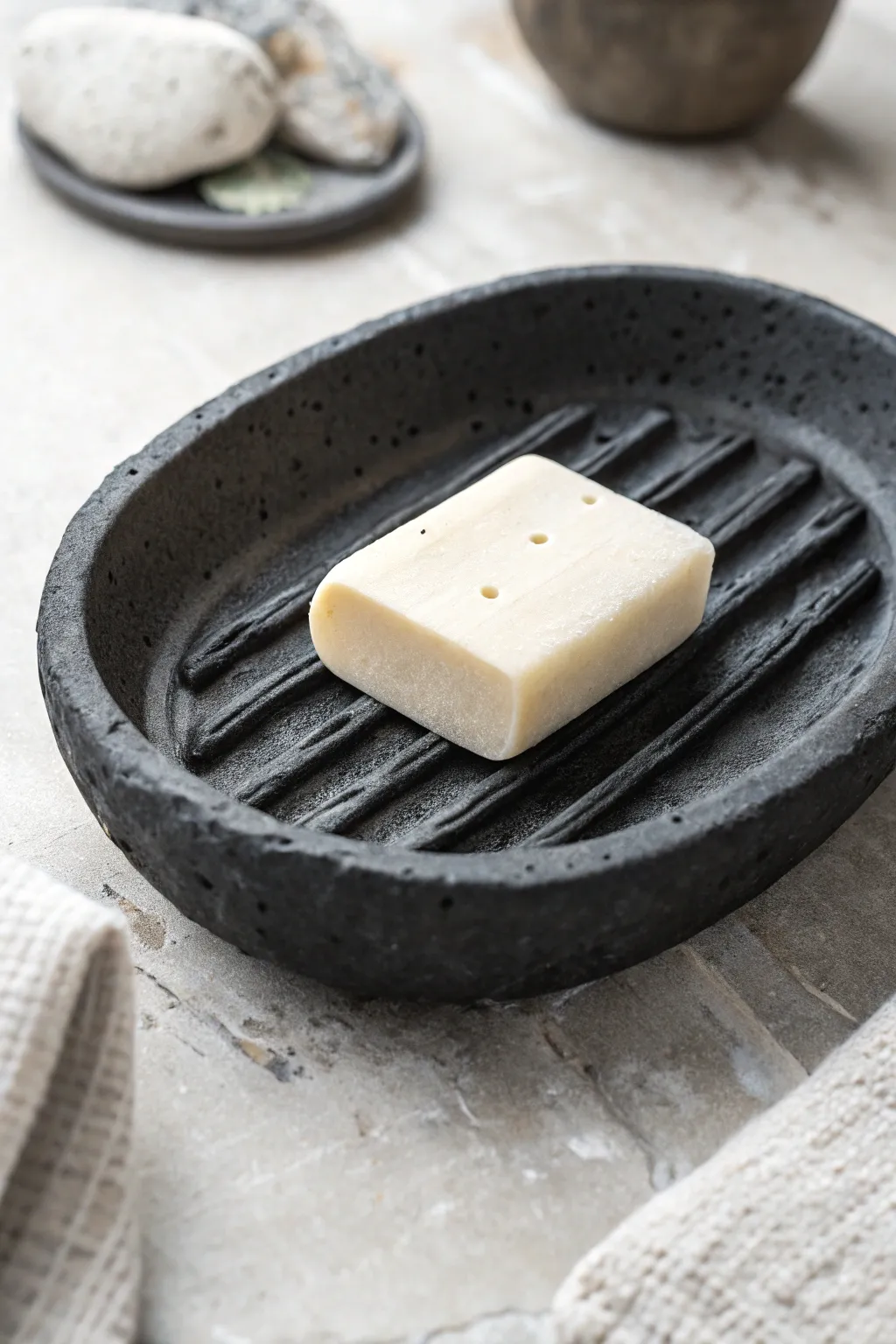 Handmade black clay soap dish with drainage ridges, minimal styling, bold contrast and calm spa vibes.