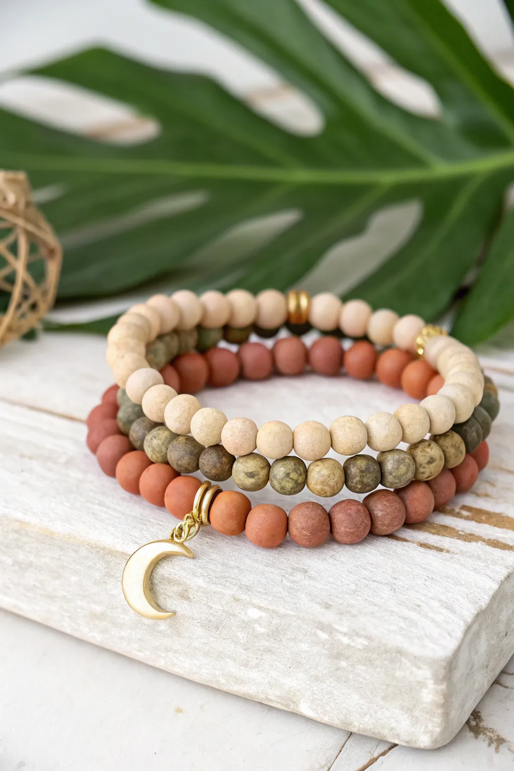 Earthy clay bead stack with a tiny gold dangle charm, minimalist boho with handmade warmth.