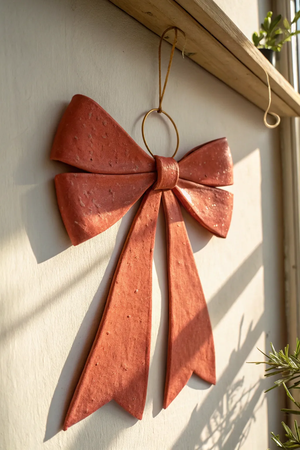 Minimalist clay wall bow in bold coral, handmade charm for a soft Scandinavian boho nook.
