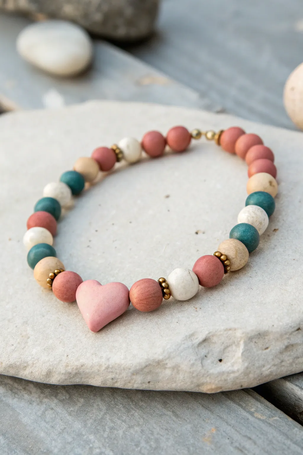 Heart-centered clay bead bracelet with symmetrical color blocks in bold yet minimalist tones.