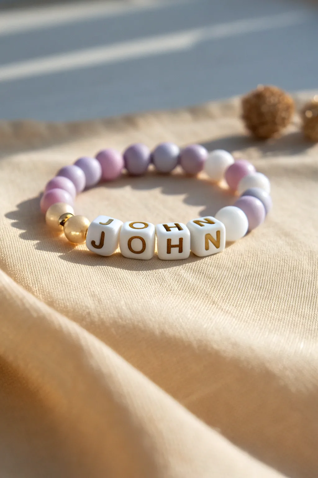 Soft clay beads with pearl accents and a sweet name center, perfect minimal boho gift.