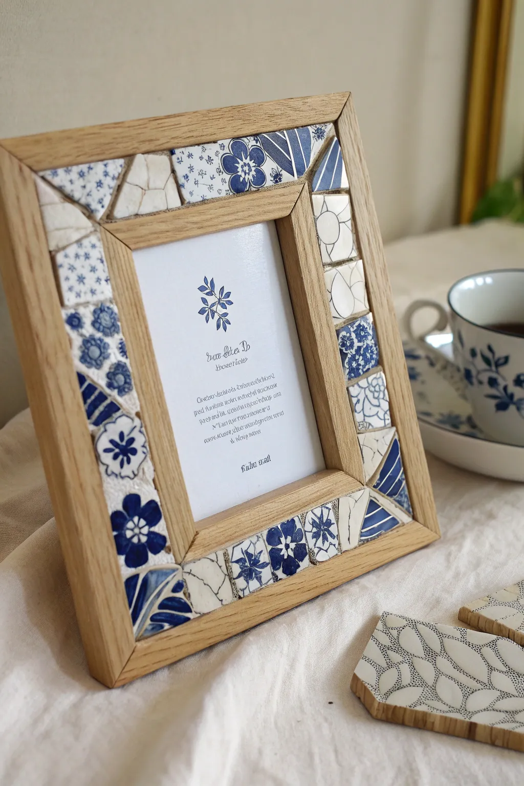 Turn broken china into a chic mosaic frame, finished with a teacup handle detail.