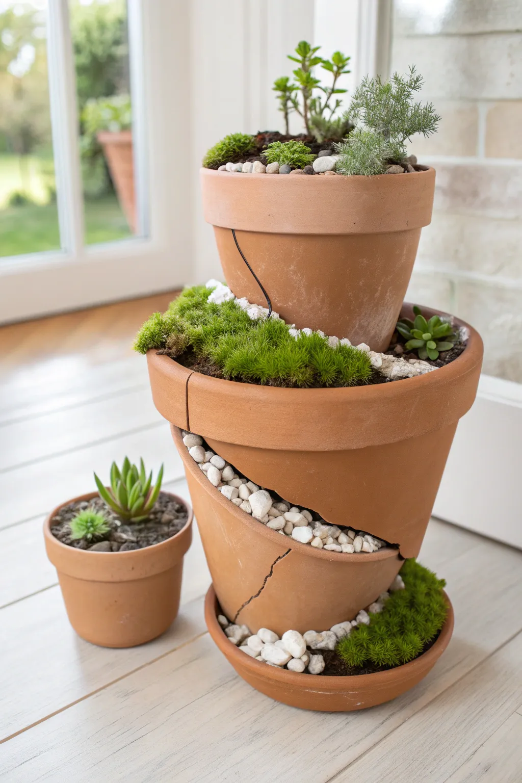 Turn a cracked terracotta pot into a mini pebble path garden with lush moss lawns.