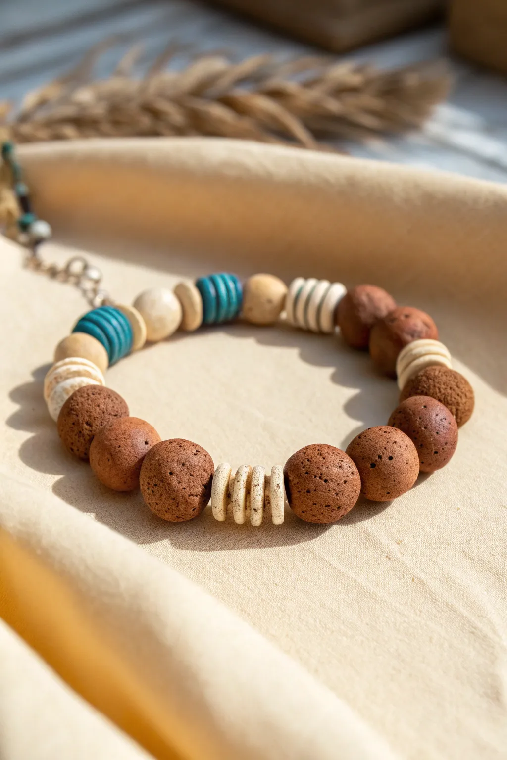 Chunky brown clay pebble beads with a few heishi discs for an earthy modern boho bracelet