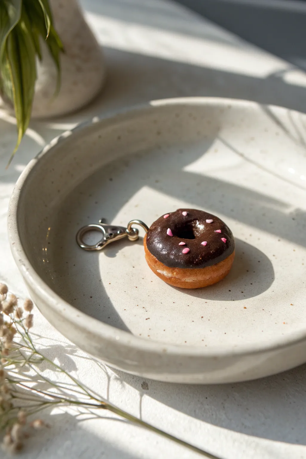 Sweet brown clay donut charm with a glossy chocolate dip and pastel sprinkles on a minimal plate