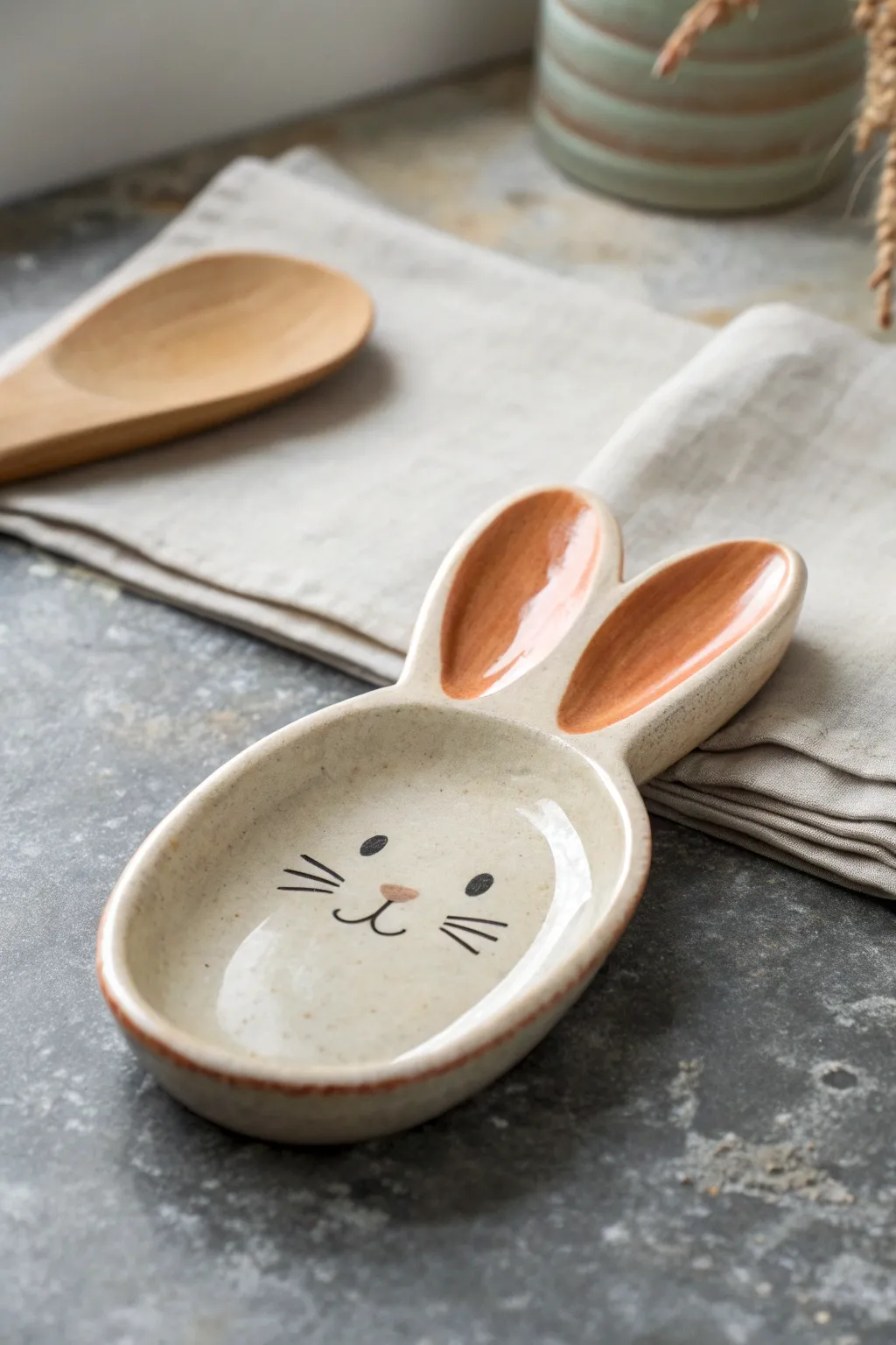 Sweet minimalist bunny spoon rest with bold glaze, an easy finished clay idea for a cozy kitchen