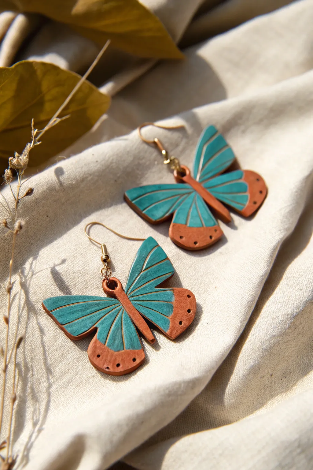 Simple butterfly clay earrings in bold teal and terracotta, flat lay on linen, ready to wear.