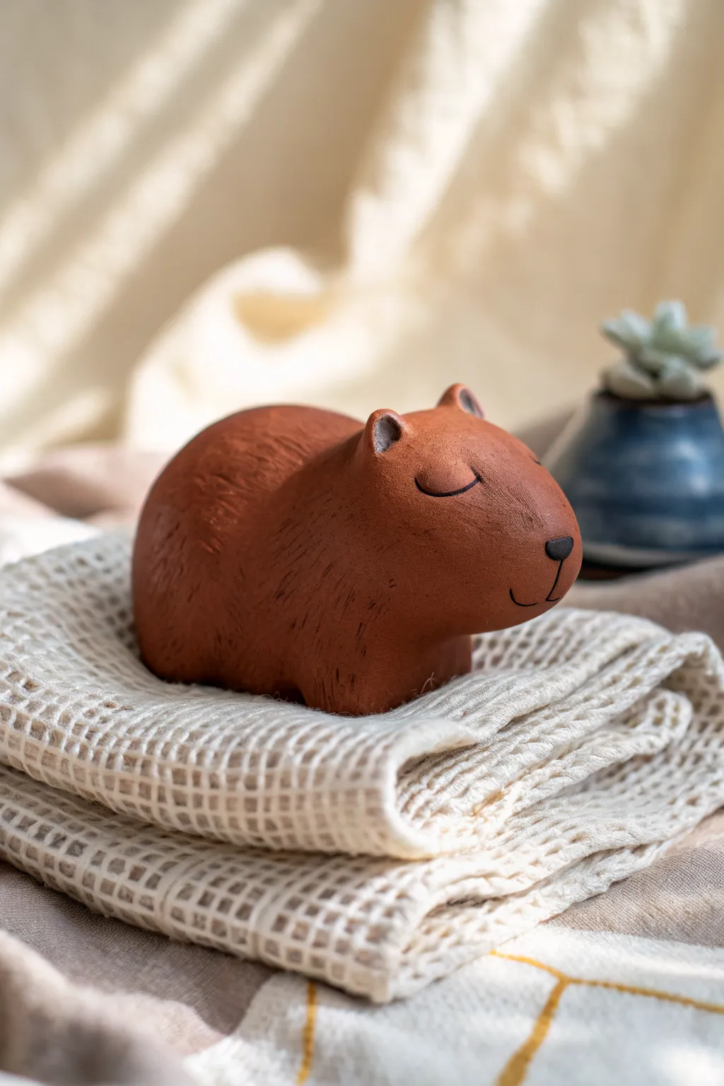 Sleepy little capybara loaf in clay, tucked under a tiny blanket for cozy minimalist charm.