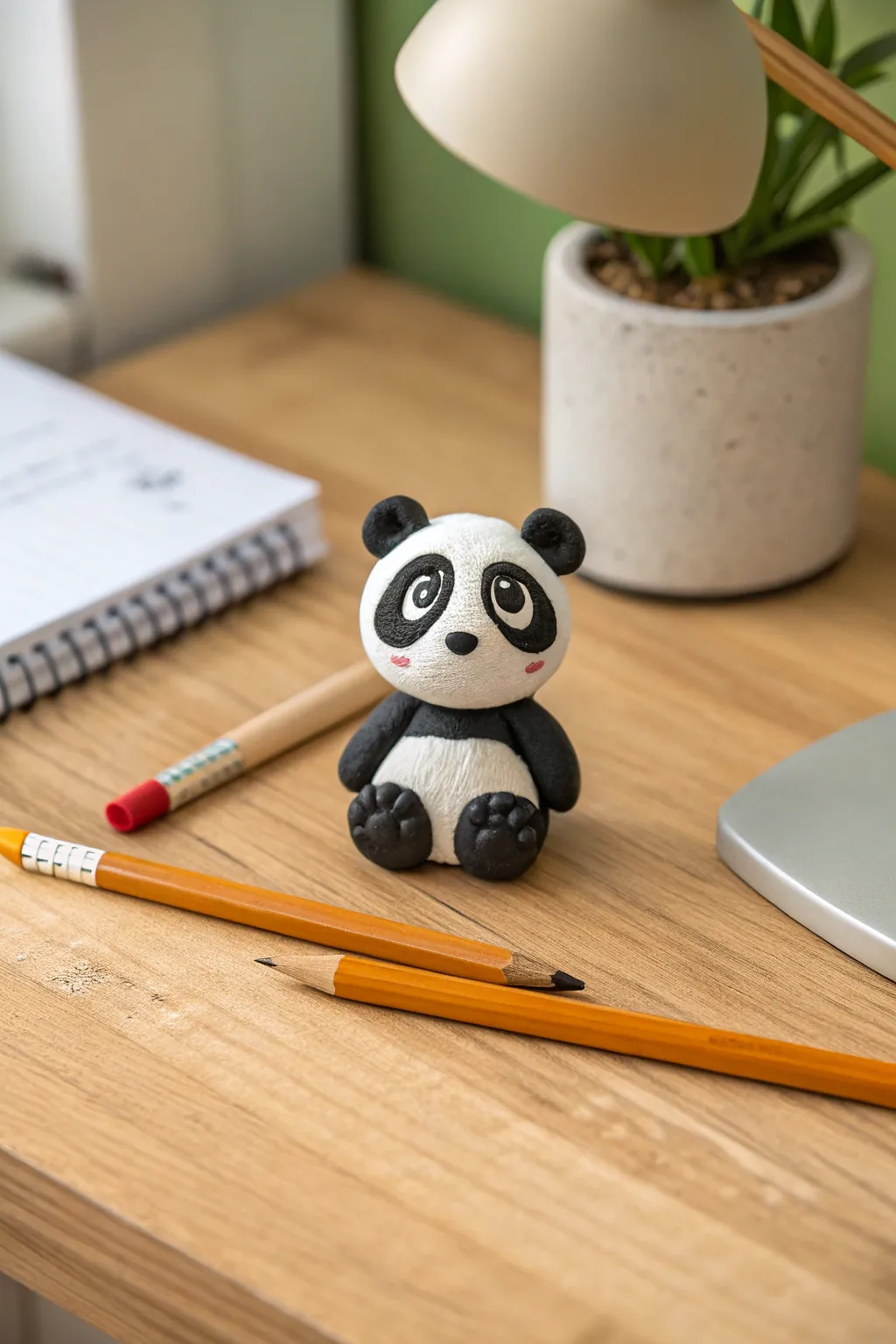 Cute panda clay pencil topper with bold black and white contrast in a minimalist boho setup