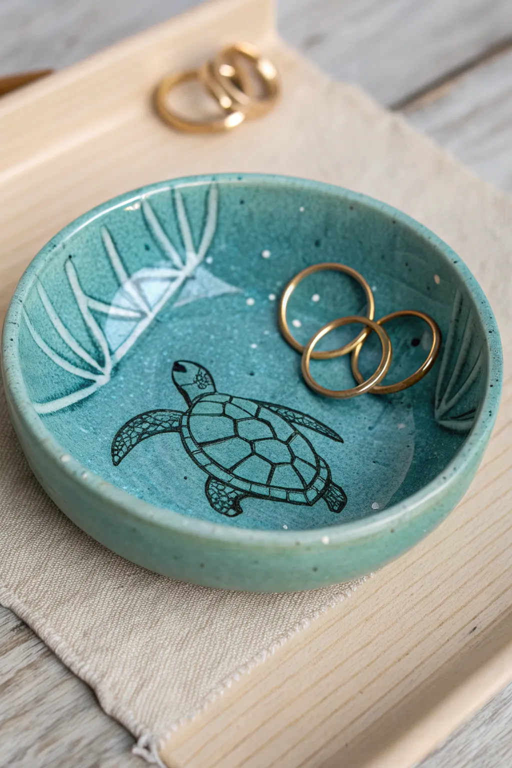 Glossy teal turtle trinket dish with shell texture, styled to hold rings and tiny finds.