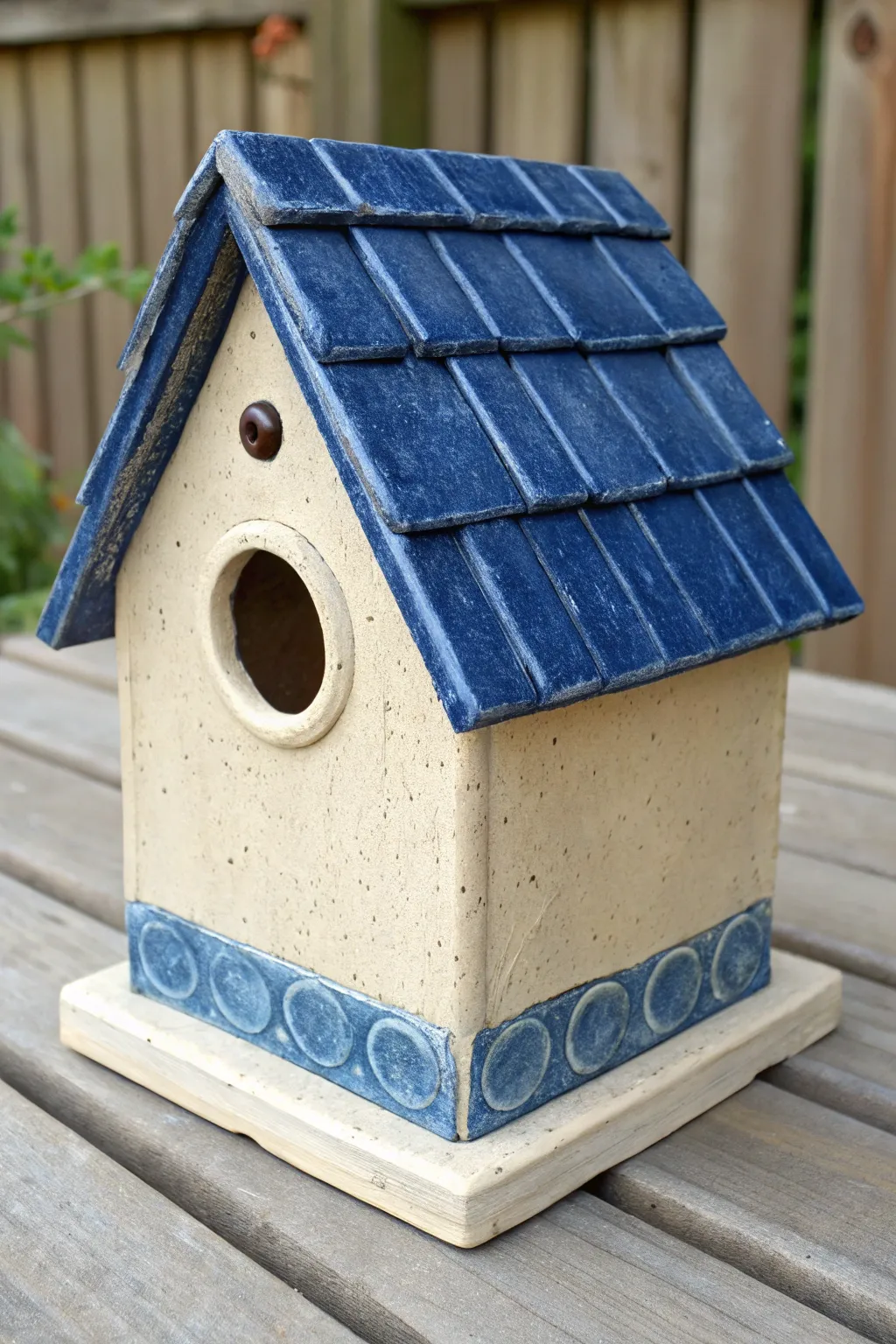 Shingle-impressed roof cottage birdhouse with glossy blue roof and natural clay walls