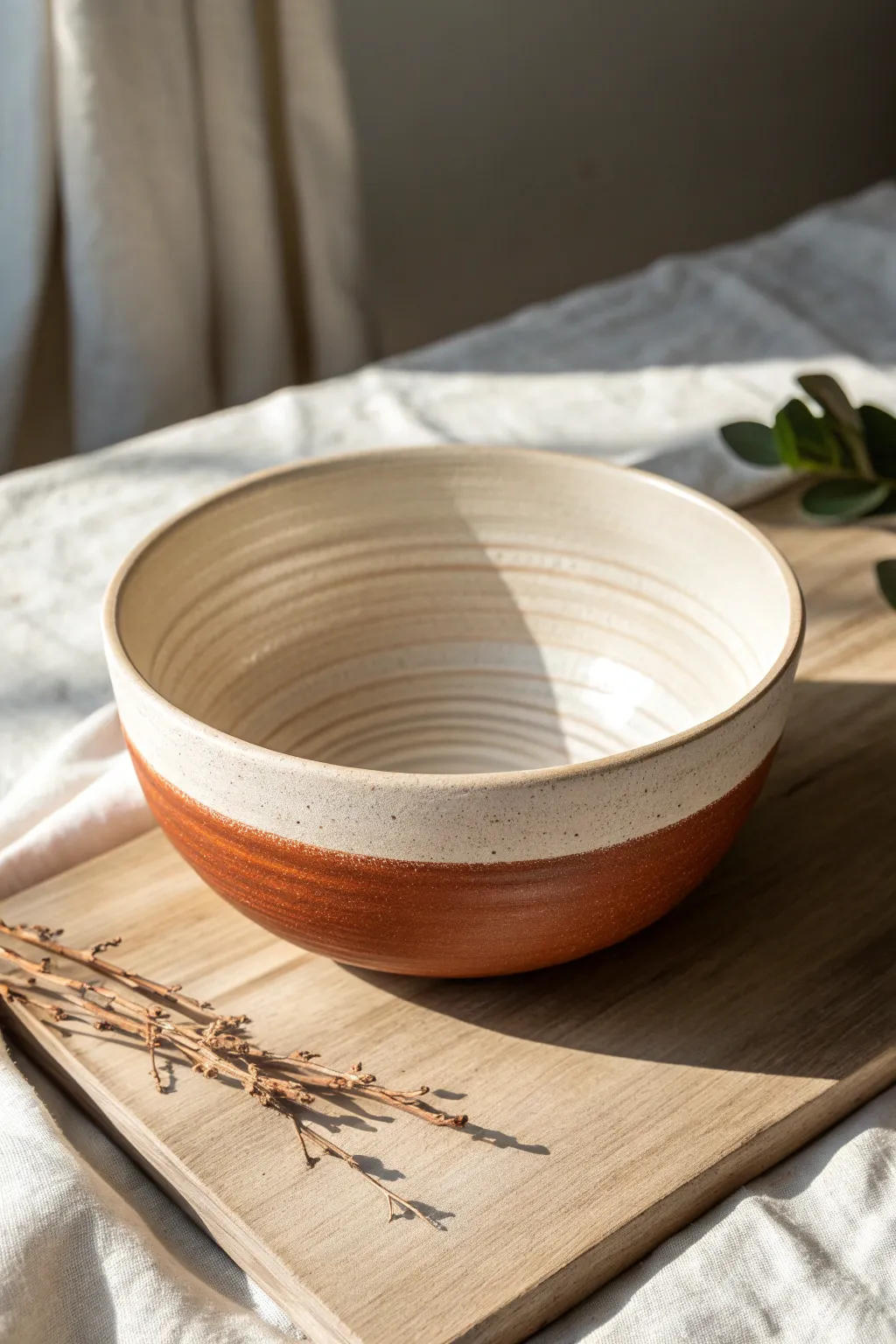 A crisp two-tone dip glaze bowl with a clean horizon line and warm, earthy contrast.