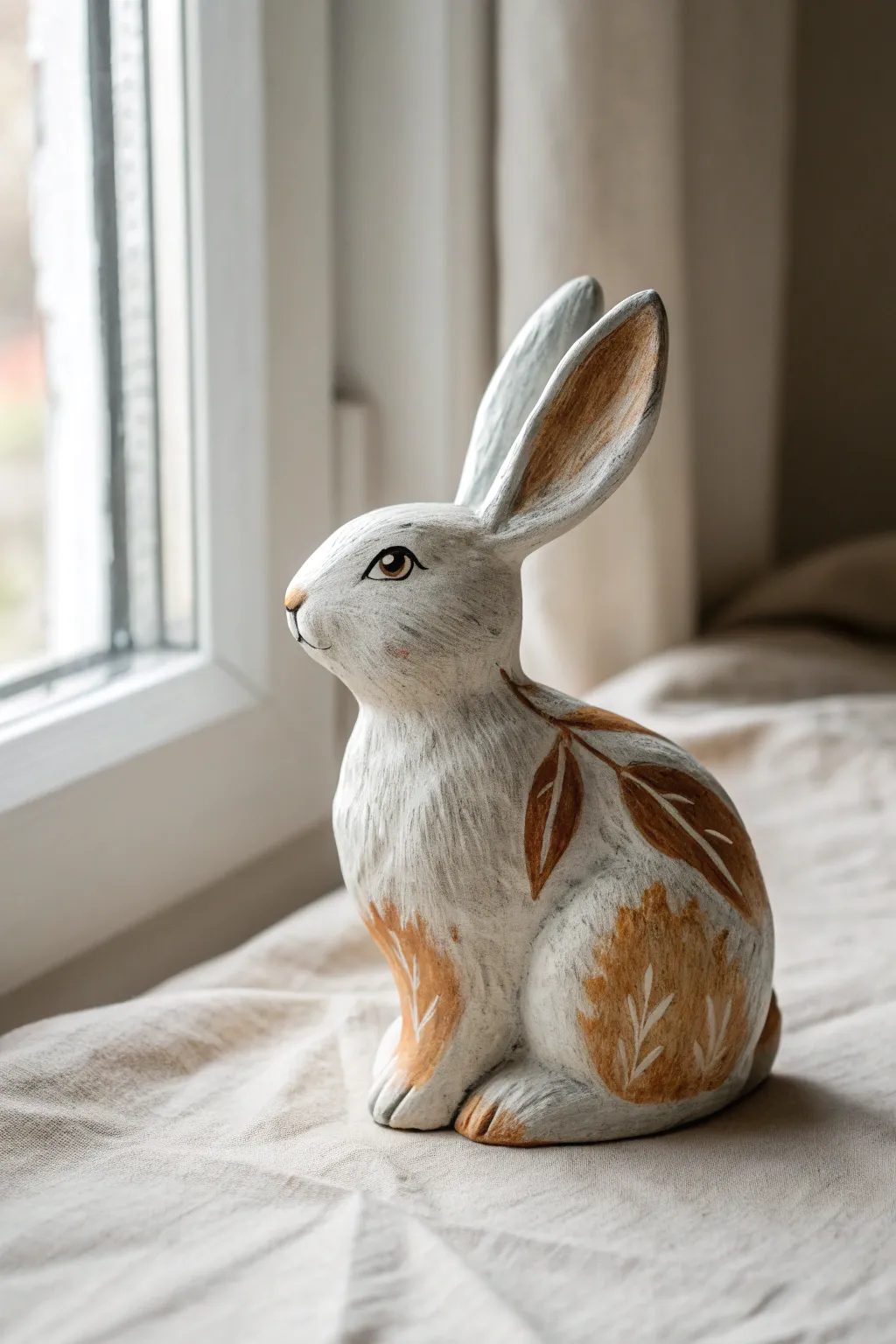 Dry-brushed ceramic bunny with realistic fur texture in soft window light, minimalist and cozy.