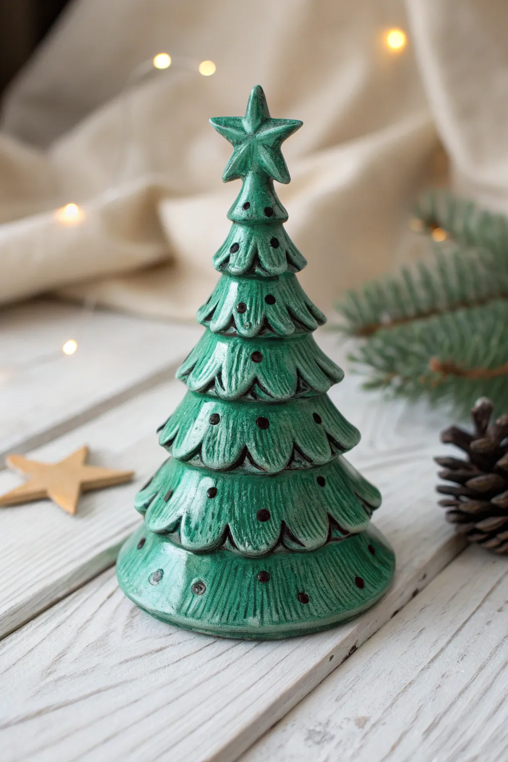 Emerald ceramic Christmas tree with black underpainting for vintage depth and dramatic shadows.