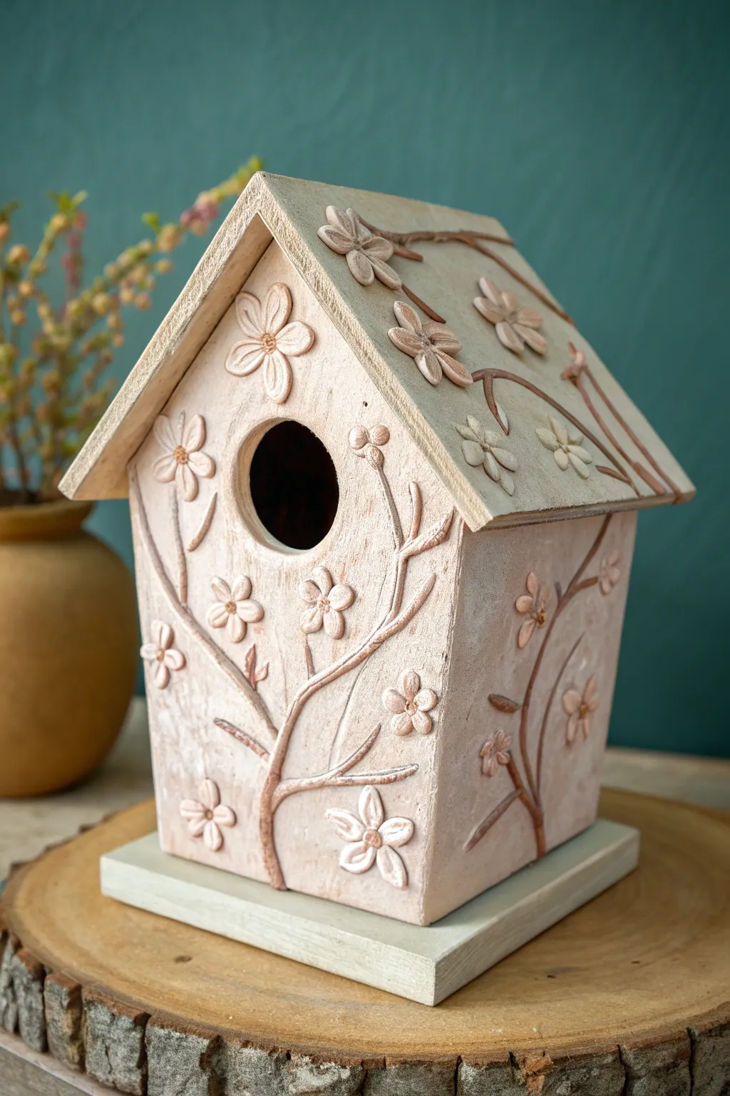 Hand-built clay birdhouse with sprigged florals and vines, minimalist boho charm.