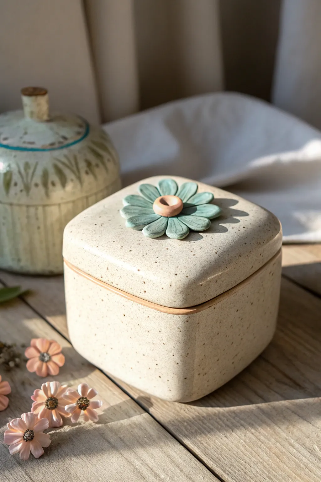 Chunky flower-handle ceramic box with a bold turquoise center, minimalist with a boho touch.