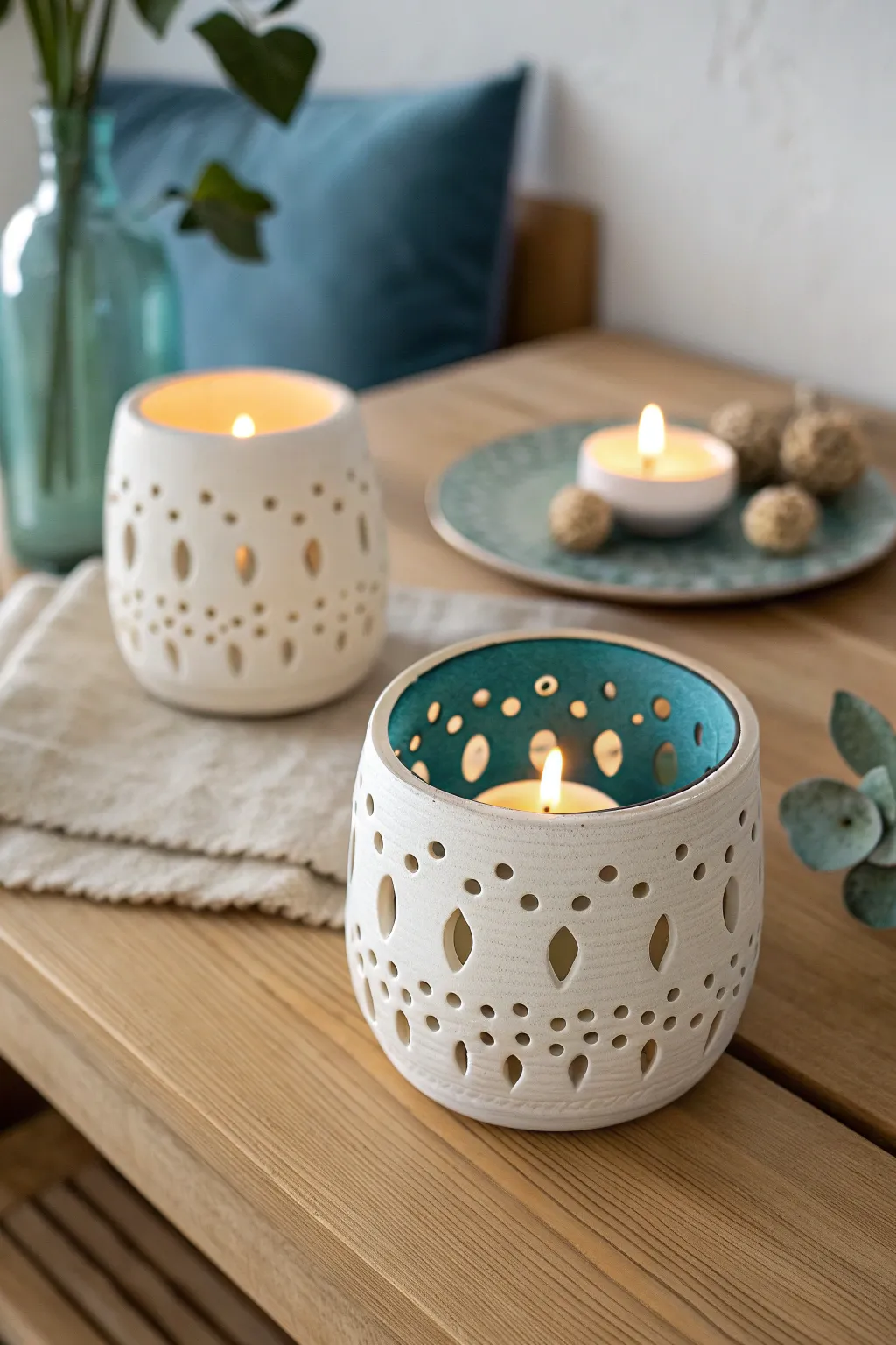 Warm tealight glow through simple cutout ceramic holder, minimalist boho Scandinavian mood.