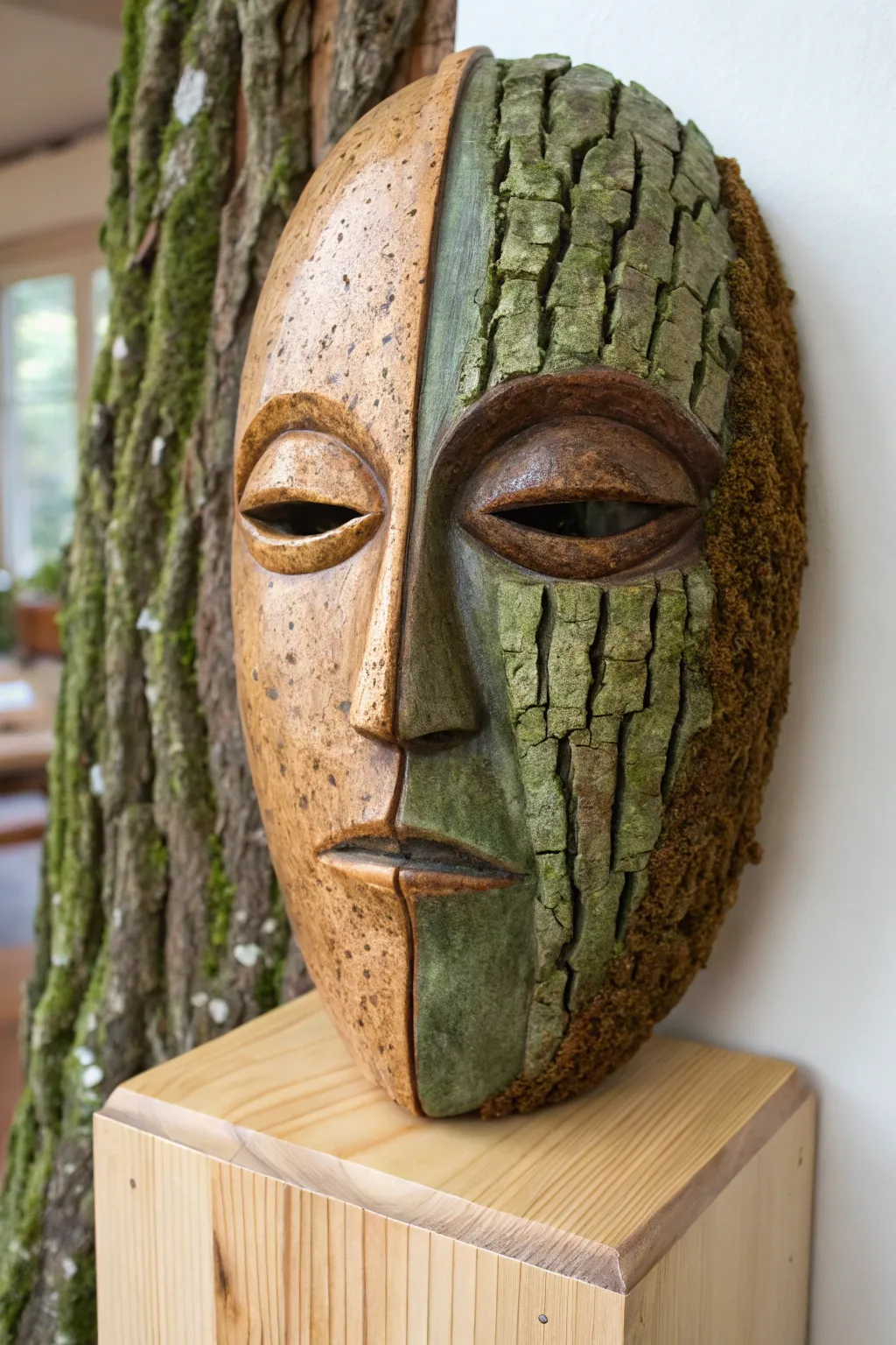 Bark meets moss in a rustic ceramic mask, earthy glazes and minimalist styling for calm drama.