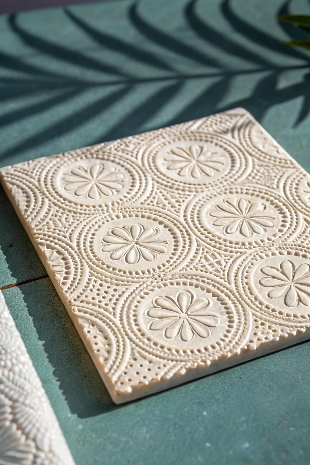 Lace-pressed ceramic tile with delicate relief, perfect for minimalist boho walls and backsplashes.