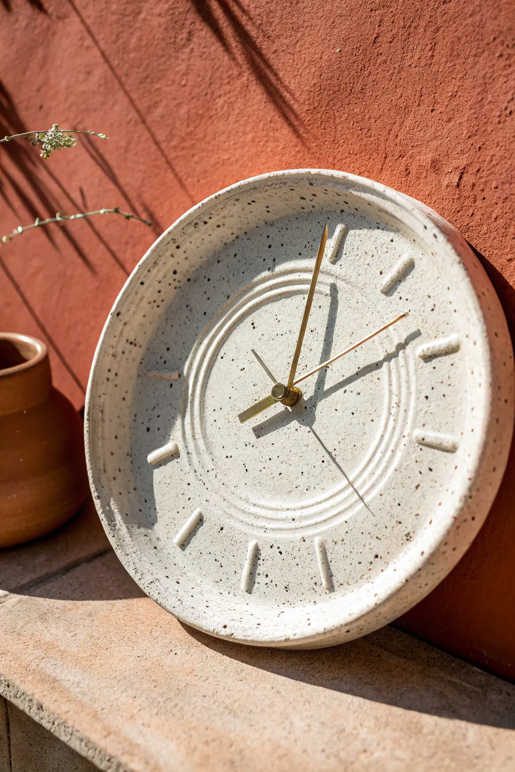 Speckled stoneware clock with carved hour lines and a clear glaze for a calm, modern look.