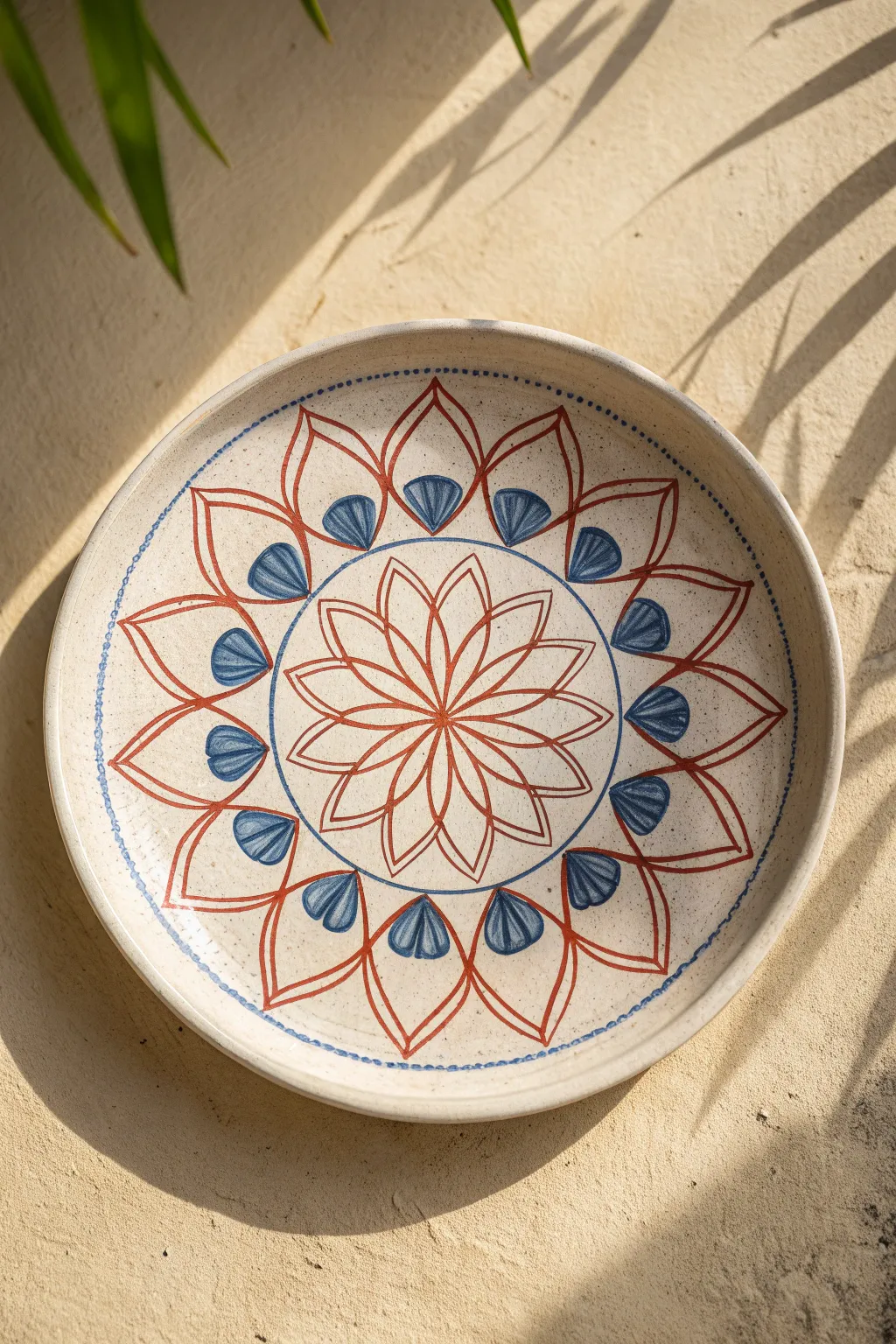Meditative mandala plate in bold blue and terracotta, minimal styling for calm symmetry