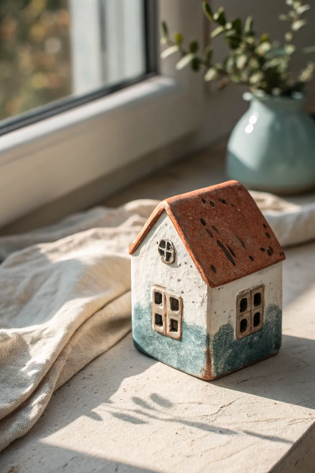 Distressed ceramic cottage with layered glaze and dark creases, a cozy vintage focal piece.