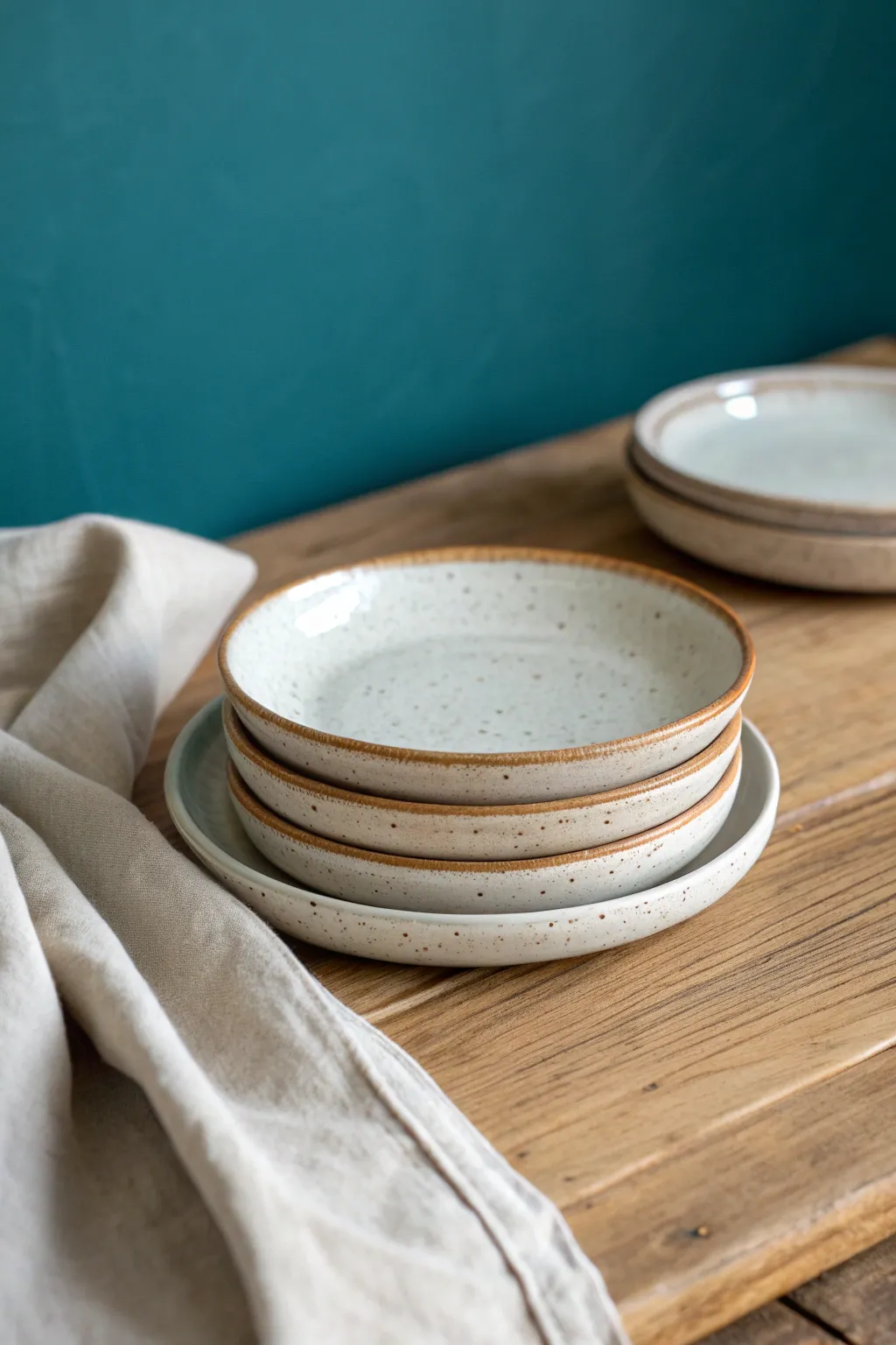 Everyday ceramic plates with clean rims, speckled glaze, styled simply for a cozy modern table.
