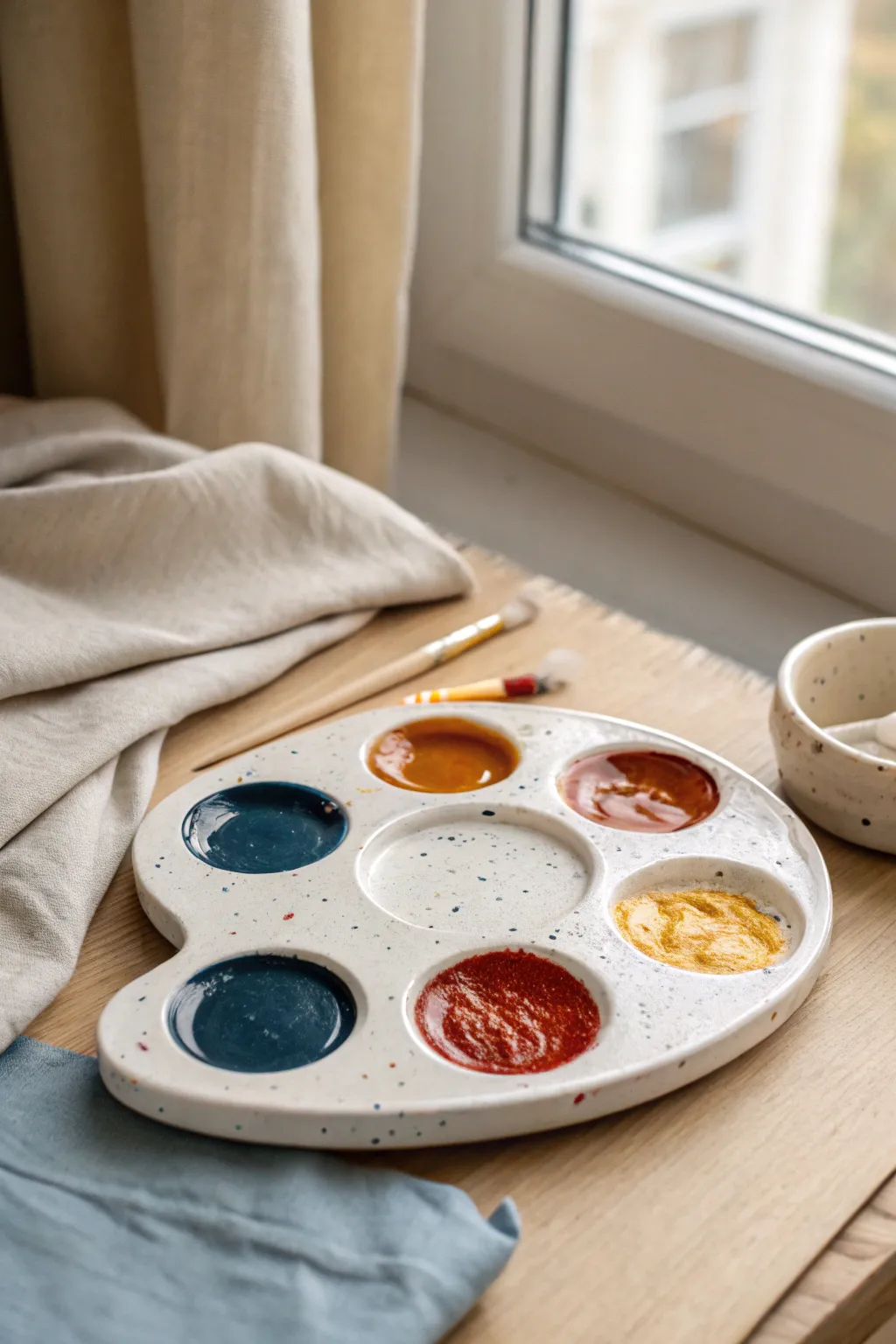 Glossy ceramic paint palette for art class, simple and studio-ready with bold color pops.