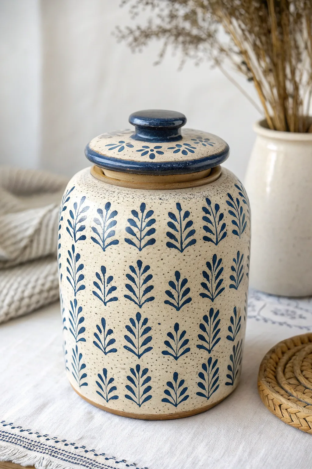 Stamped texture jar with indigo glaze wash, minimalist Scandinavian style with boho warmth.
