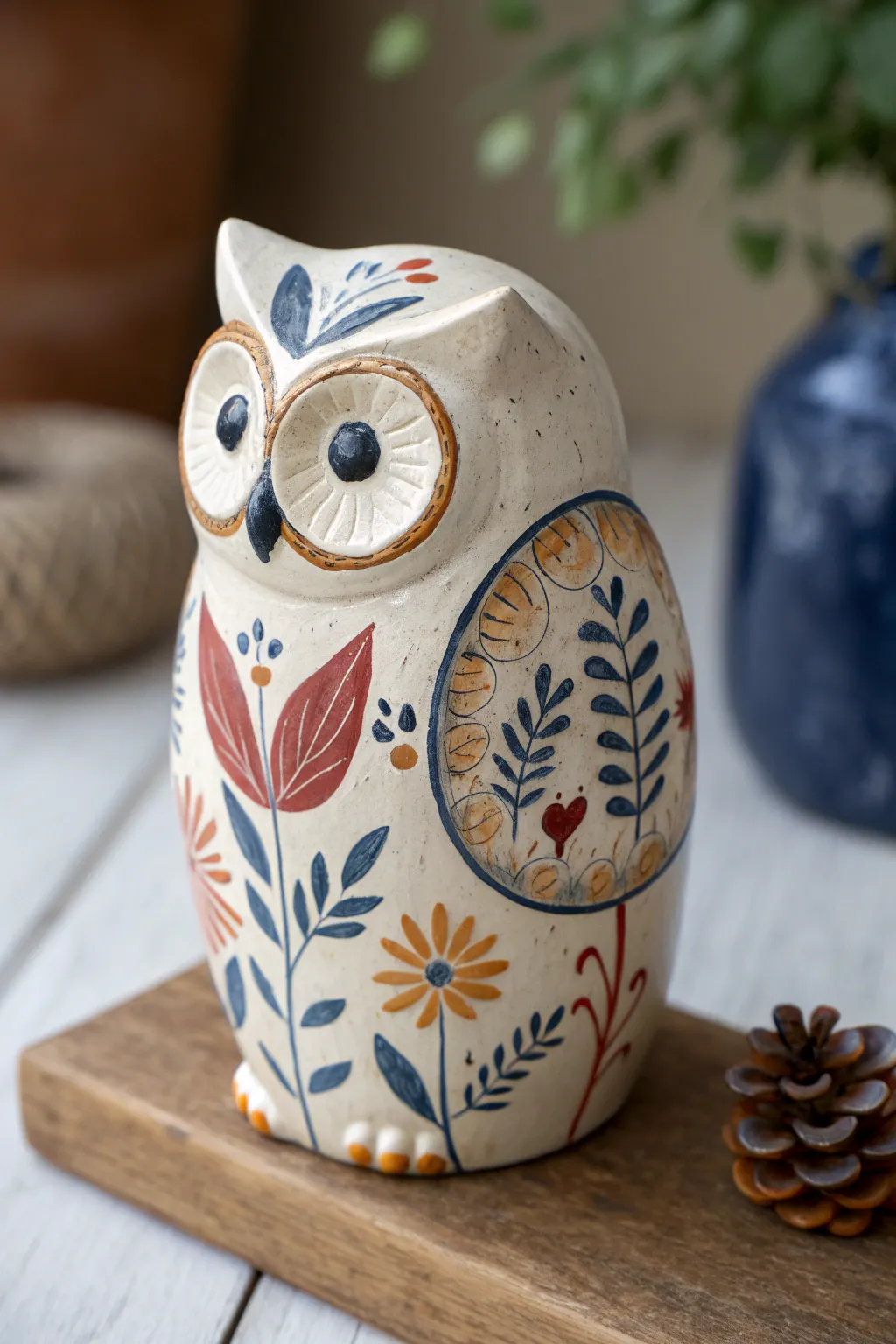 Folk floral ceramic owl with bold blooms and a clean face, easy painting inspiration with impact.