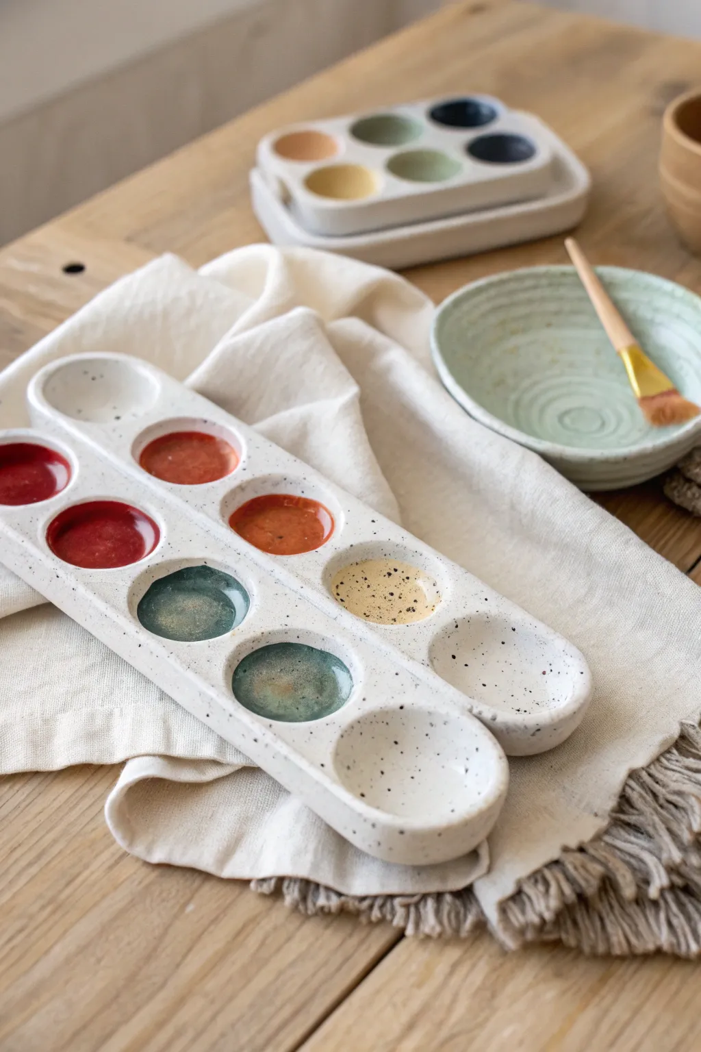 Stackable mini ceramic palettes keep warm, cool, and neutral glazes beautifully organized.