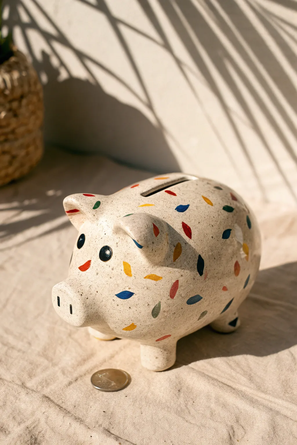 Minimal terrazzo confetti piggy bank with a satin finish and bold speckled chips