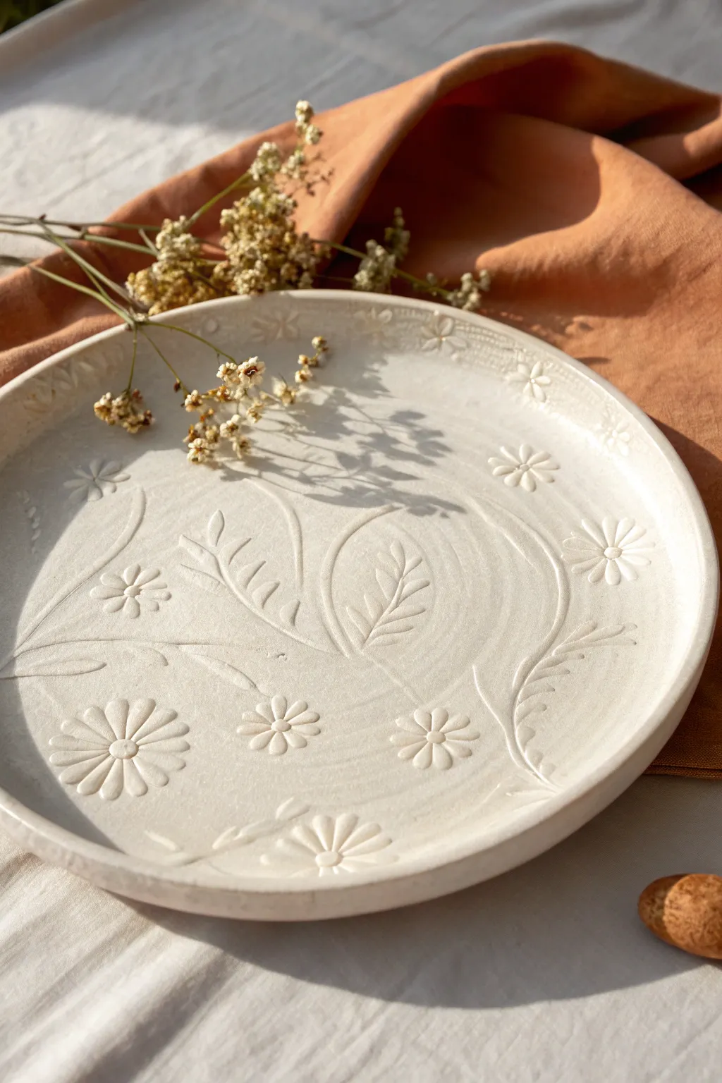 White-on-white platter with raised slip-trailed florals, glowing texture in soft side light.