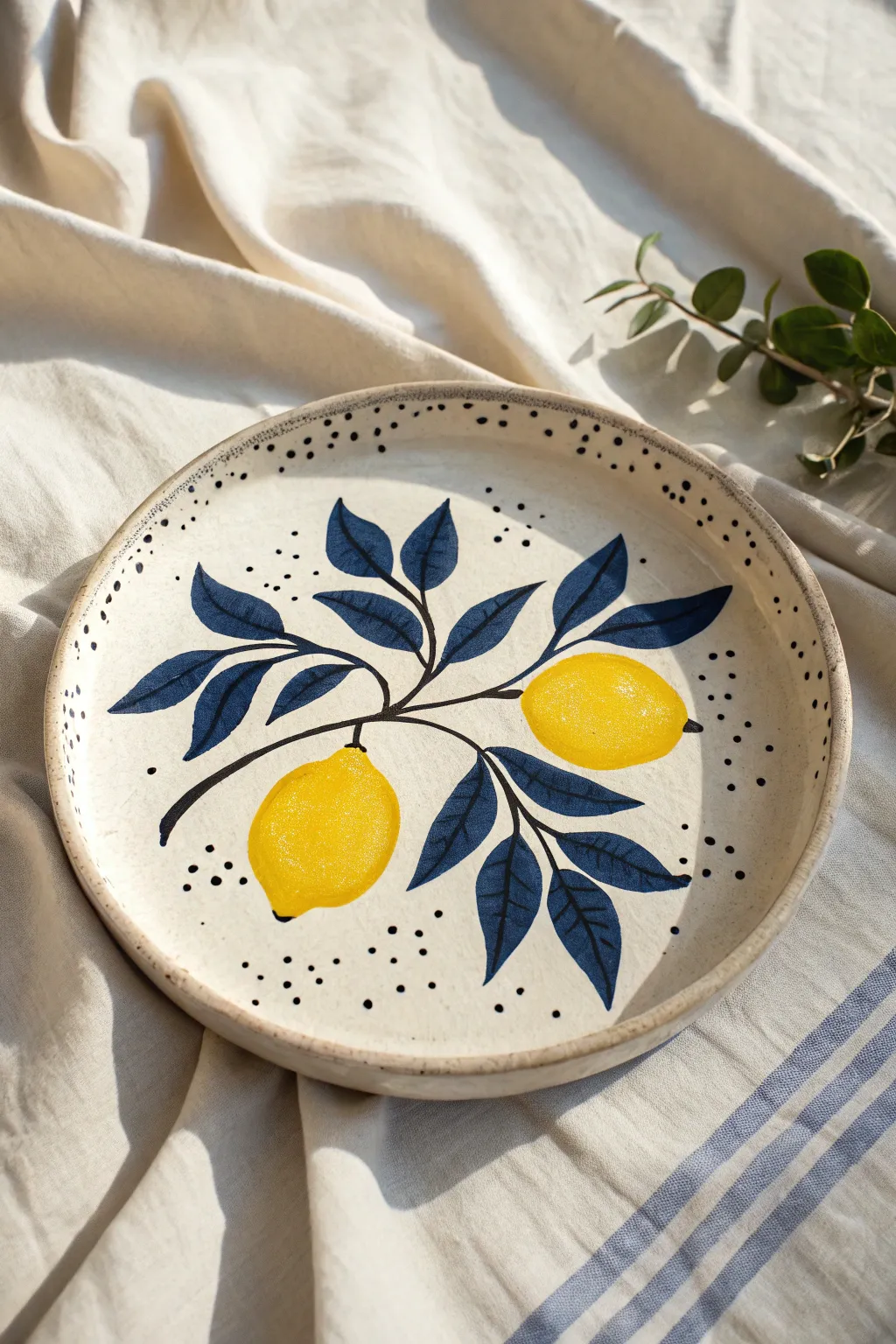 Bold lemon motif ceramic platter in high-contrast colors, minimalist with a soft boho feel